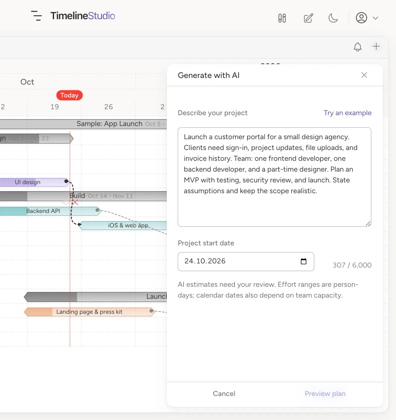 Generate with AI panel with a project brief and a start date