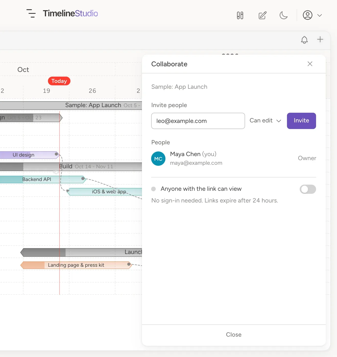 The Collaborate panel: inviting someone by email with a role
