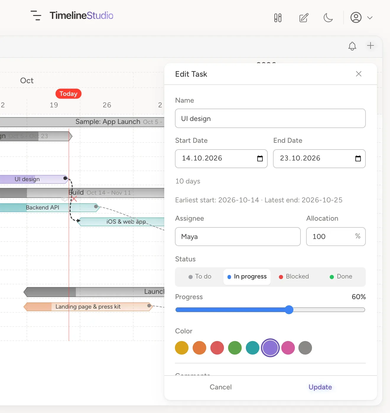 Editing a task in Timeline Studio: name, dates, assignee, allocation, status and progress beside the Gantt chart