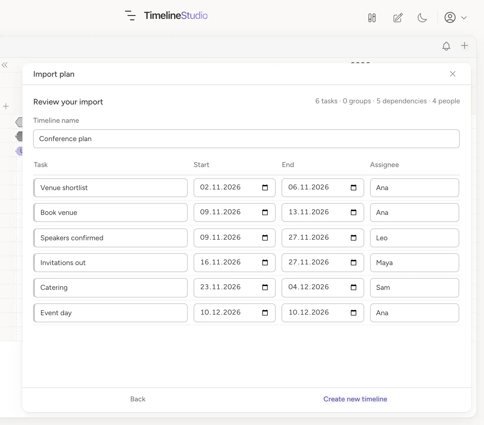 Import dialog reviewing imported rows with start and end dates and assignees, ready to become a new timeline