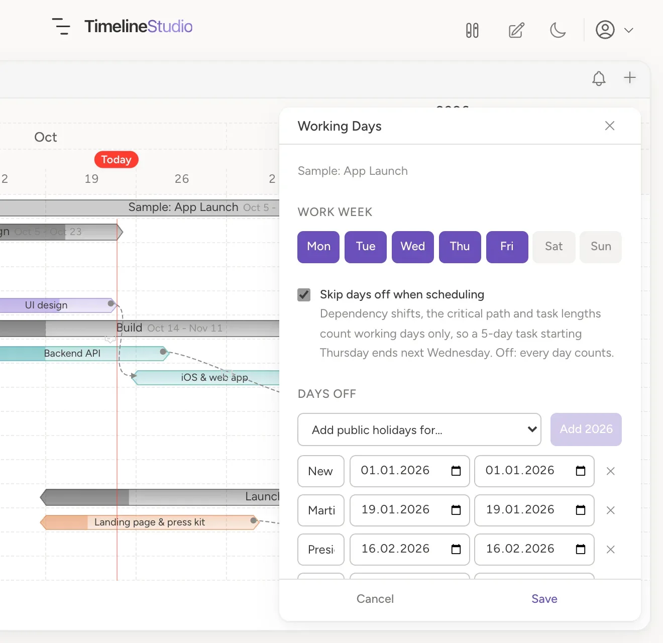 Working Days panel: a work week, skip days off when scheduling, and public holidays added in one click