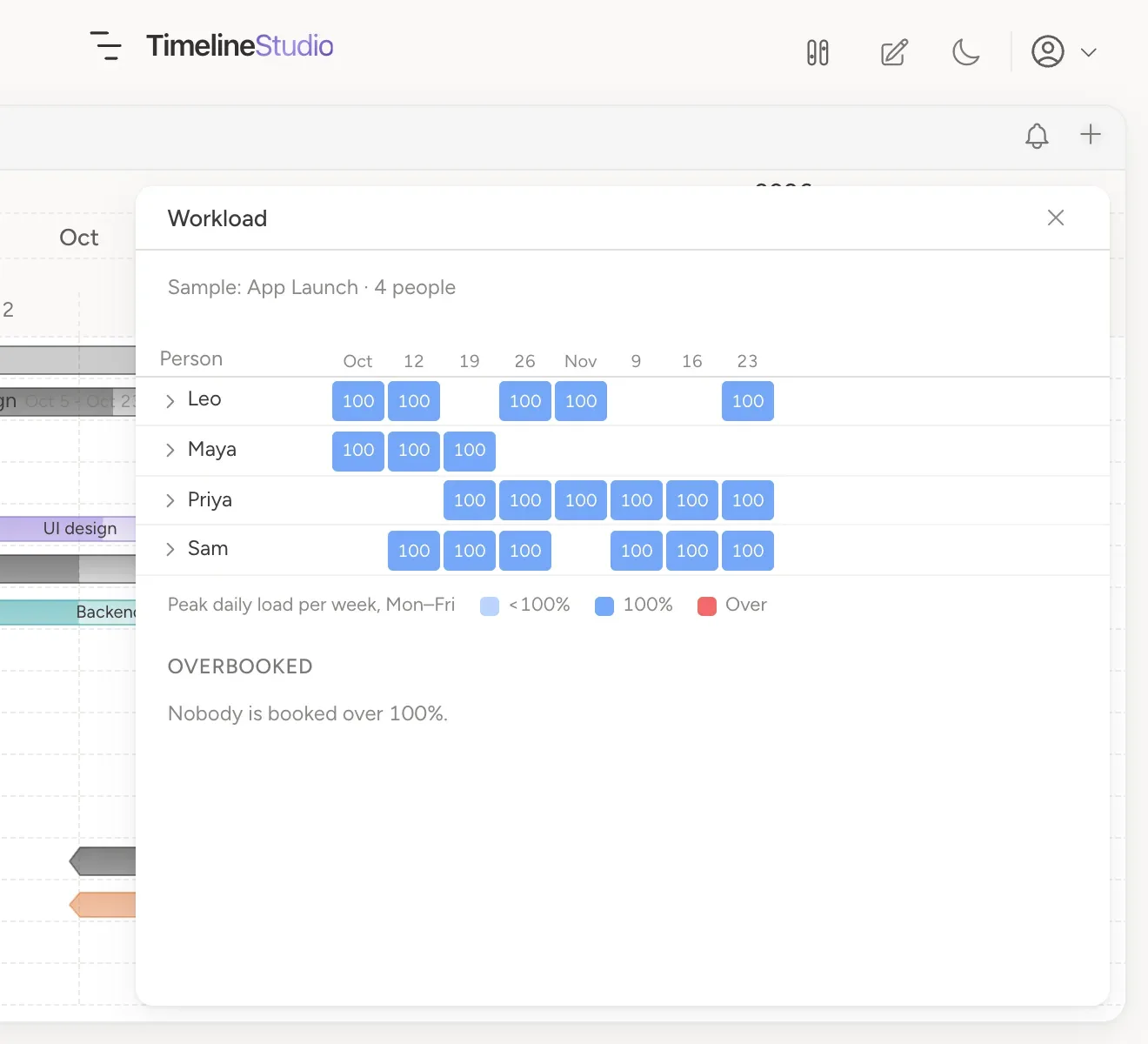 Workload panel with a lane per person and their peak load each week